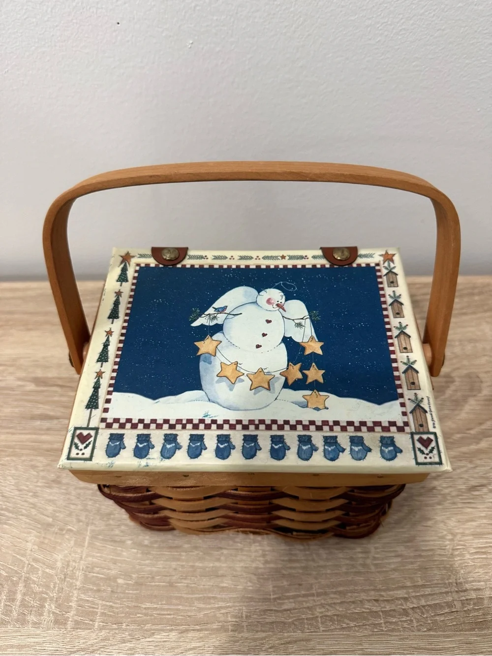 Vintage Woven Christmas Picnic Basket Snowman Angel Lid Leather Hinged Handle
